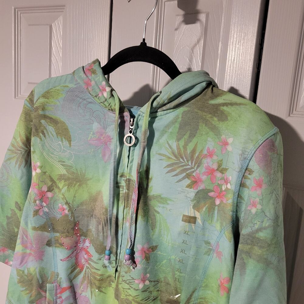 Y2K Green Tea Hoodie Jacket Beaded Drawstring Floral XL Athletic Wear Shortsle - Picture 2 of 12